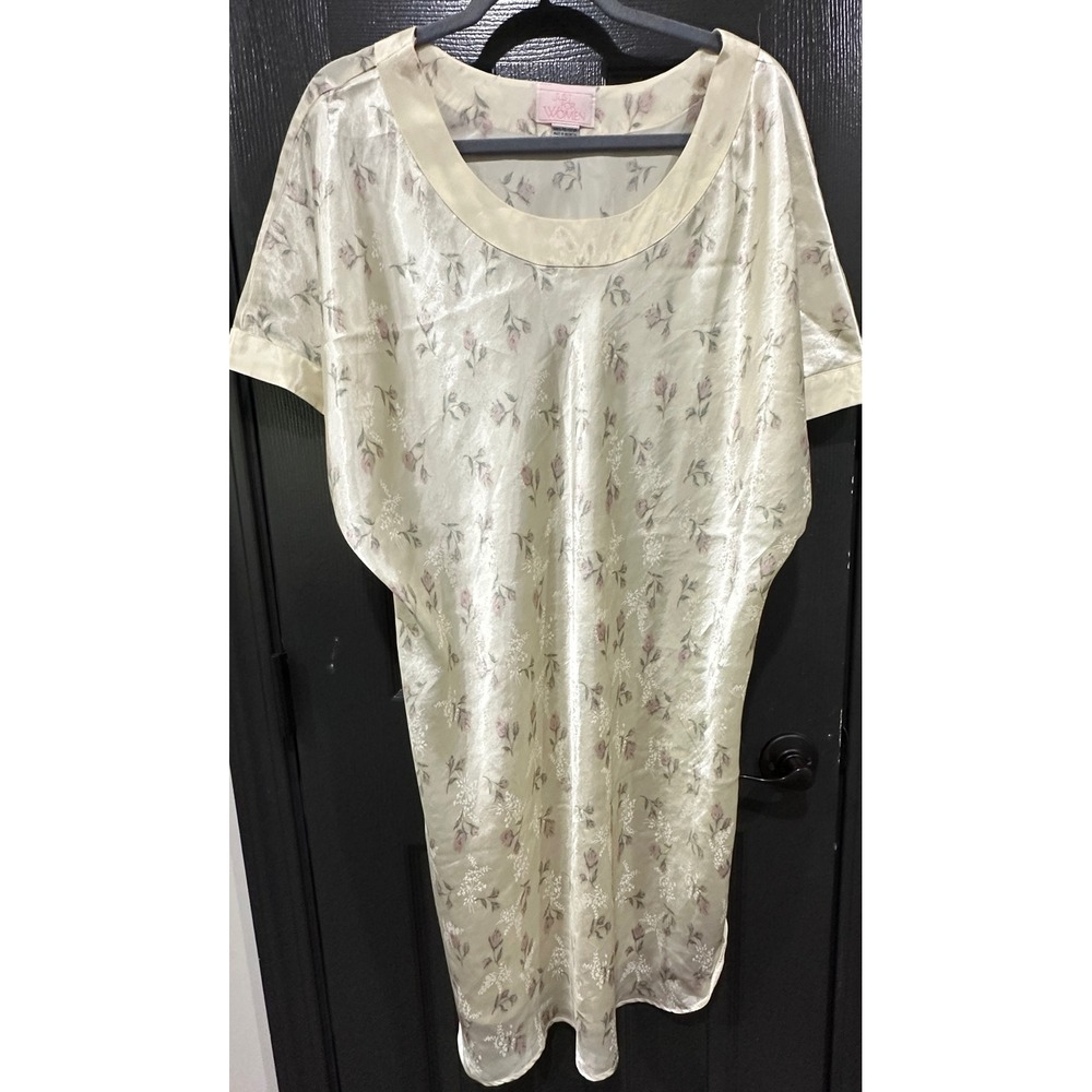 Just For Women Cream Floral‎ Satin Nightgown 1X Short Sleeve Sleep Dress T08-01
